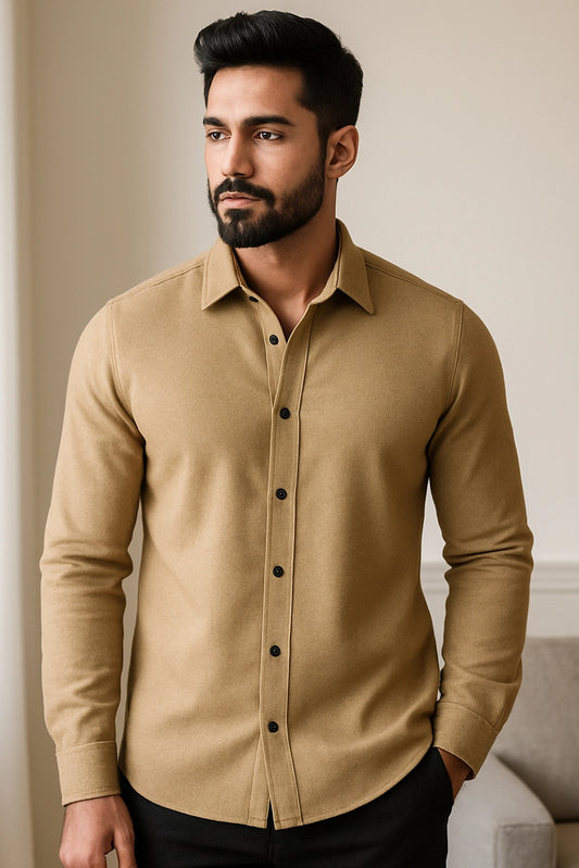 Men Spring And Summer Solid Color Loose Casual Long-Sleeved Shirt Apricot Color