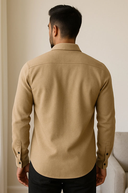 Men Spring And Summer Solid Color Loose Casual Long-Sleeved Shirt Apricot Color