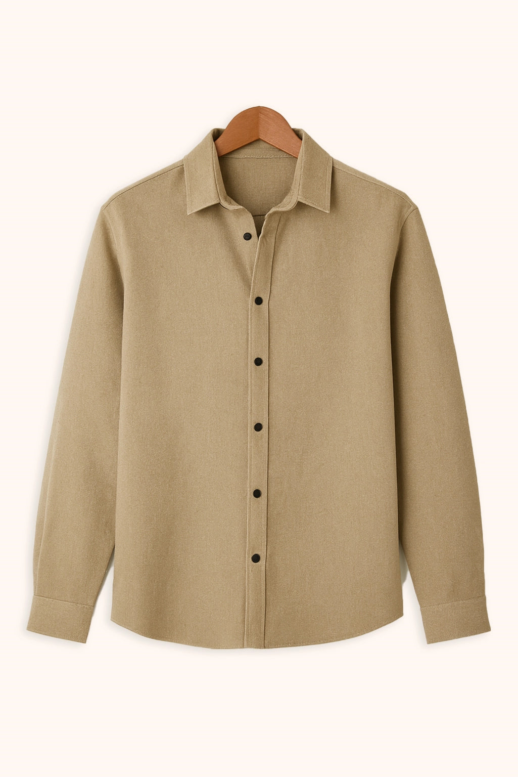 Men Spring And Summer Solid Color Loose Casual Long-Sleeved Shirt Apricot Color