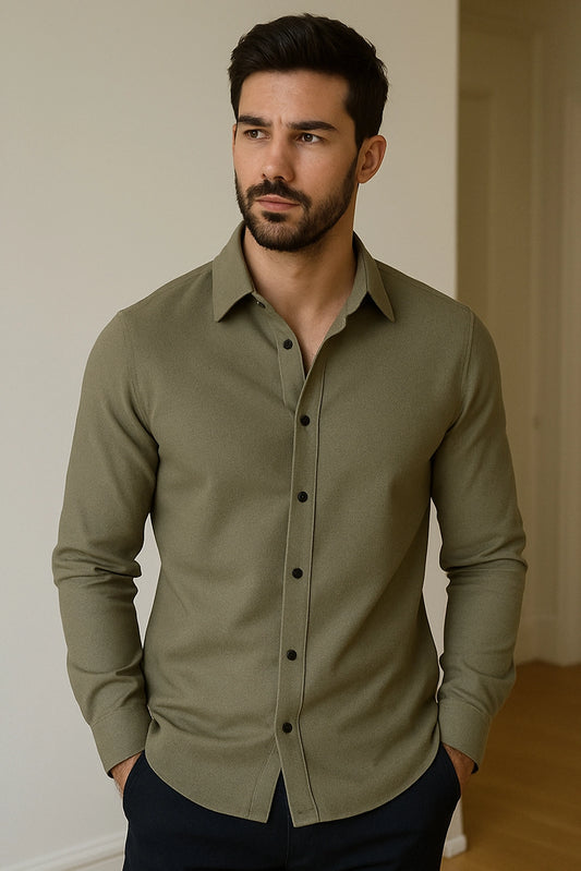 Men Spring And Summer Solid Color Loose Casual Long-Sleeved Shirt Army Green Color