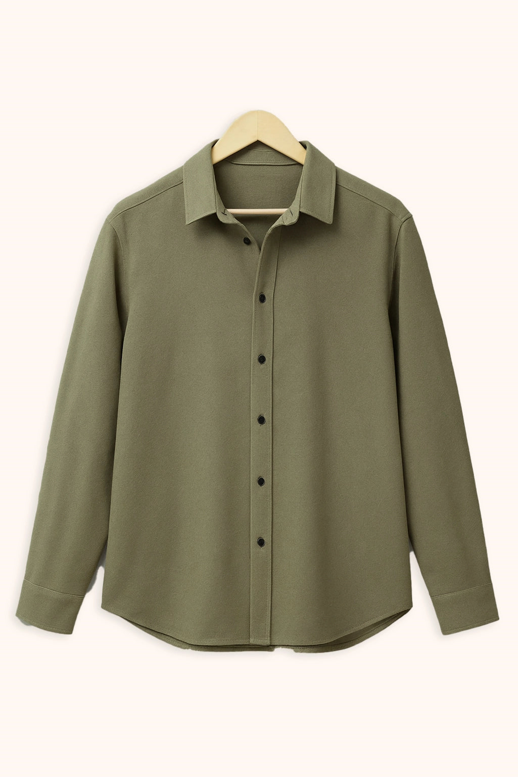 Men Spring And Summer Solid Color Loose Casual Long-Sleeved Shirt Army Green Color