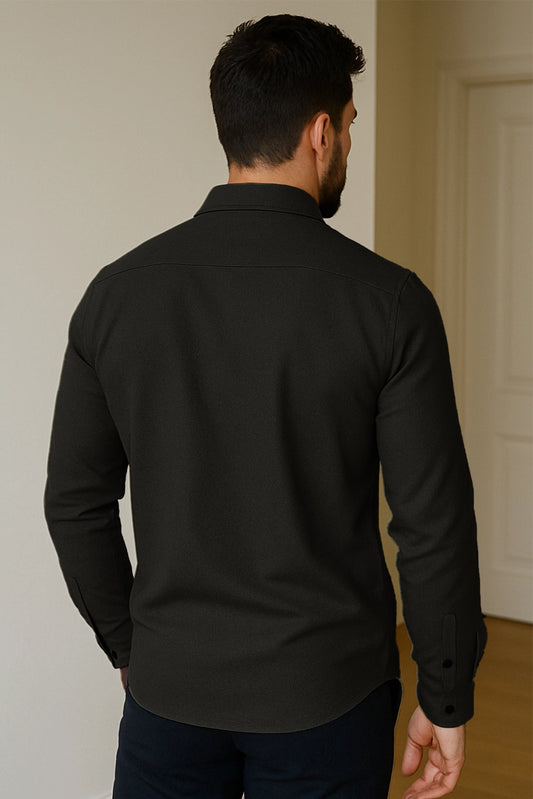 Men Spring And Summer Solid Color Loose Casual Long-Sleeved Shirt Black Color