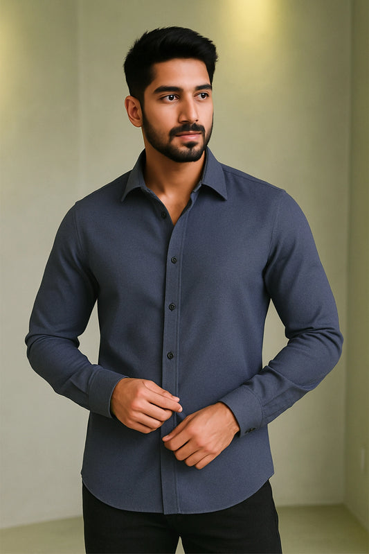 Men Spring And Summer Solid Color Loose Casual Long-Sleeved Shirt Blue Color
