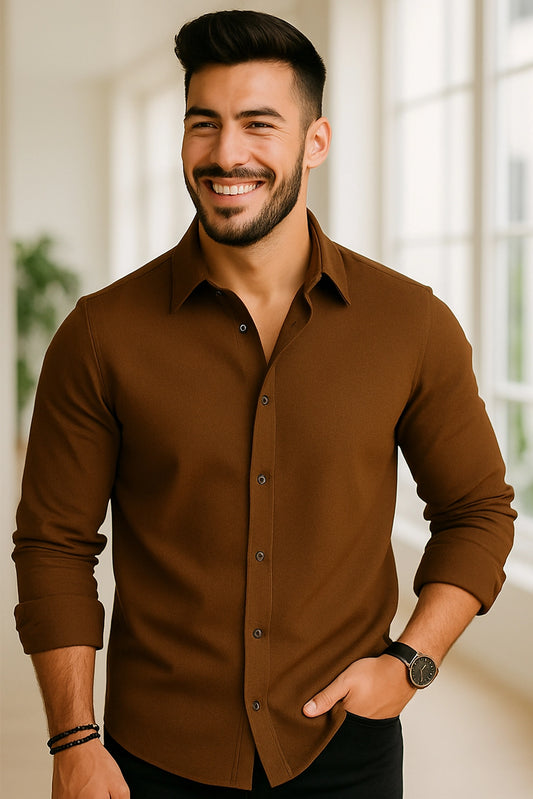 Men Spring And Summer Solid Color Loose Casual Long-Sleeved Shirt Brown Color