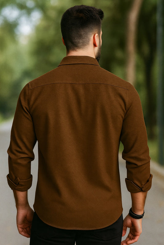 Men Spring And Summer Solid Color Loose Casual Long-Sleeved Shirt Brown Color