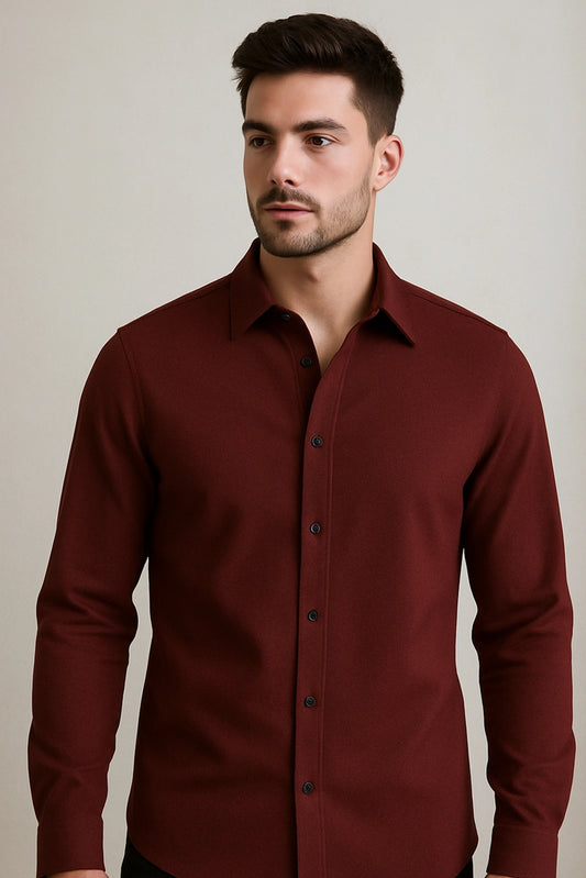 Men Spring And Summer Solid Color Loose Casual Long-Sleeved Shirt Burgundy Color