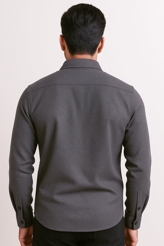 Men Spring And Summer Solid Color Loose Casual Long-Sleeved Shirt Dark Grey Color
