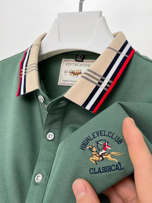 Green Color Classic Polo Shirt with Stylish Patterned Collar