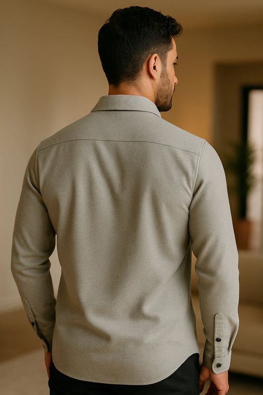 Men Spring And Summer Solid Color Loose Casual Long-Sleeved Shirt Grey Color
