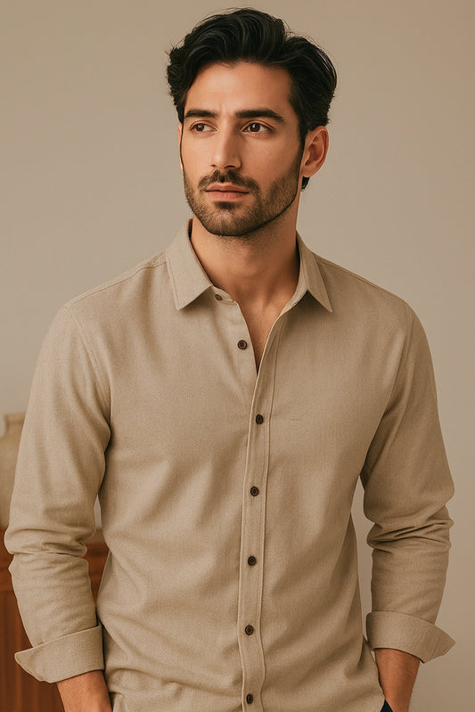 Men Spring And Summer Solid Color Loose Casual Long-Sleeved Shirt Khaki Color