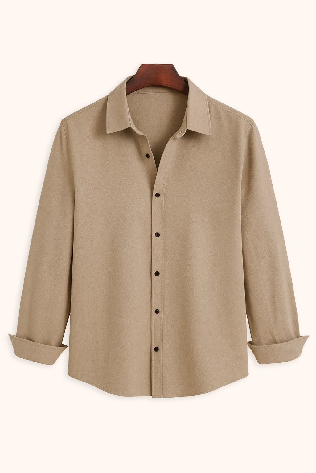 Men Spring And Summer Solid Color Loose Casual Long-Sleeved Shirt Khaki Color