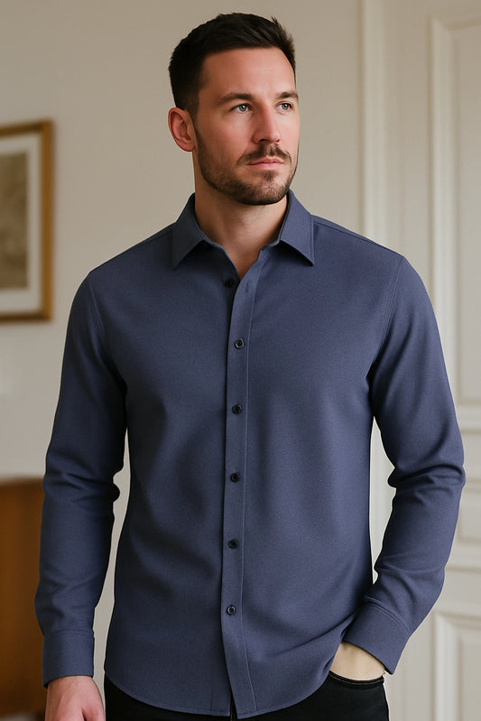 Men Spring And Summer Solid Color Loose Casual Long-Sleeved Shirt Navy Blue Color