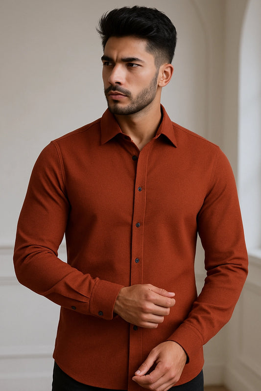 Men Spring And Summer Solid Color Loose Casual Long-Sleeved Shirt Orange Color