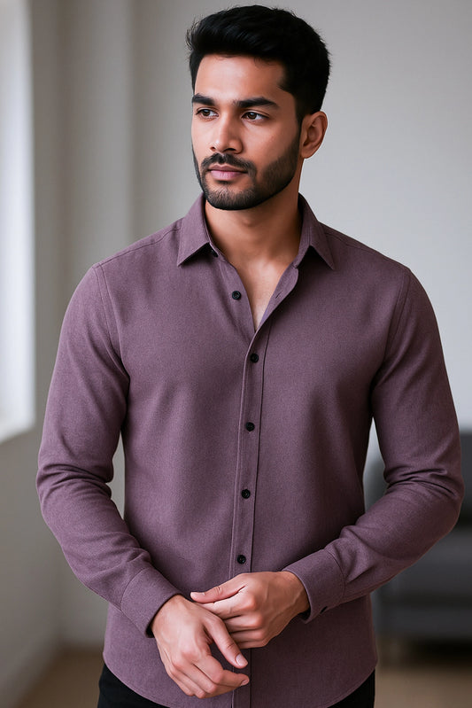 Men Spring And Summer Solid Color Loose Casual Long-Sleeved Shirt Purple Color