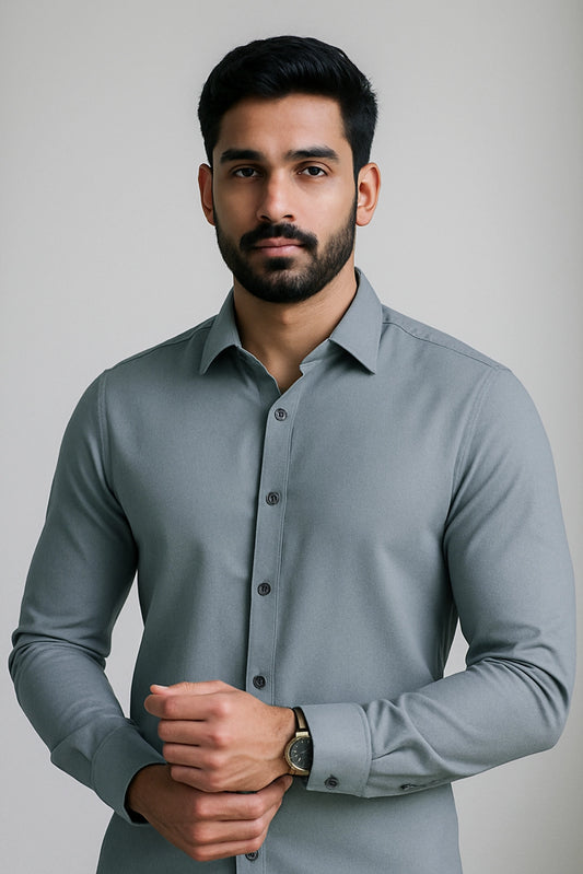 Men Spring And Summer Solid Color Loose Casual Long-Sleeved Shirt Sky Blue Color