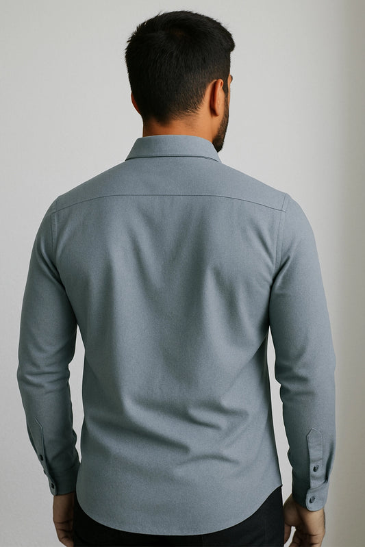 Men Spring And Summer Solid Color Loose Casual Long-Sleeved Shirt Sky Blue Color