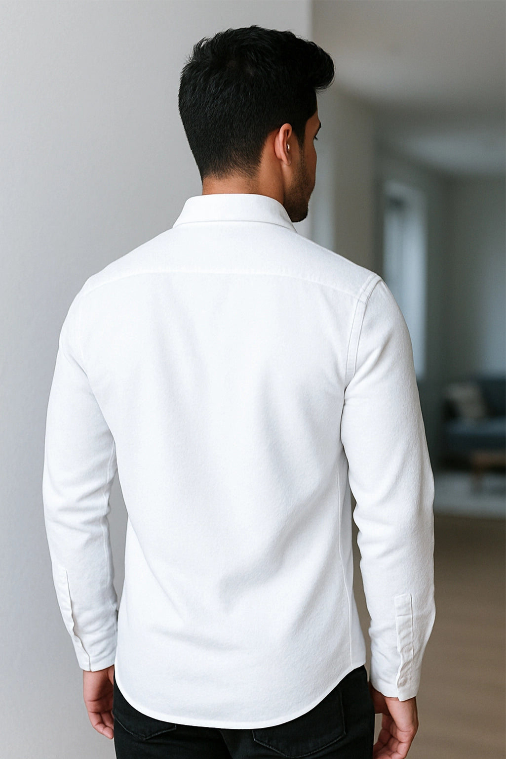 Men Spring And Summer Solid Color Loose Casual Long-Sleeved Shirt White Color