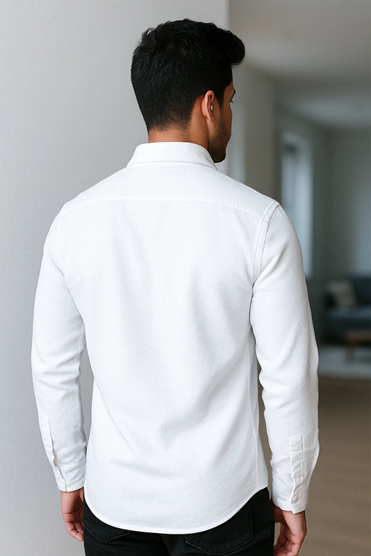 Men Spring And Summer Solid Color Loose Casual Long-Sleeved Shirt White Color